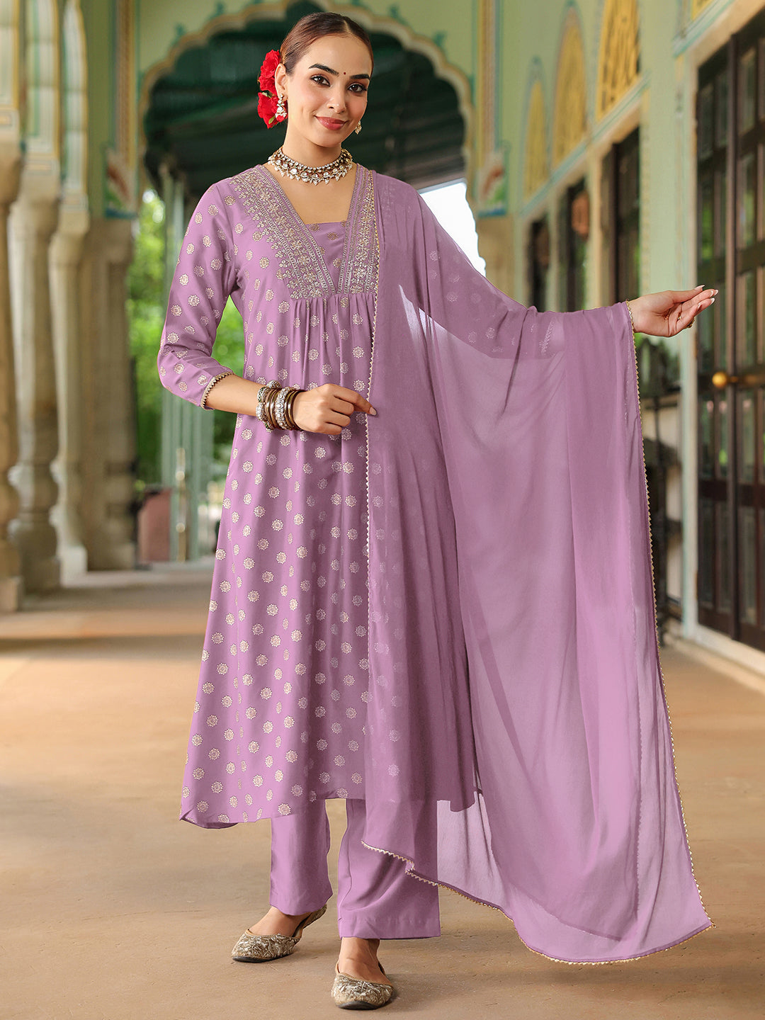 Janasya Women's Lavender Silk Blend Embellished Gold Printed A-line Kurta Set With Dupatta