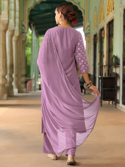 Janasya Women's Lavender Silk Blend Embellished Gold Printed A-line Kurta Set With Dupatta