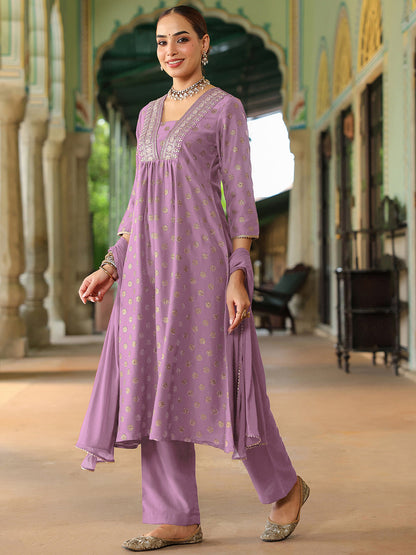 Janasya Women's Lavender Silk Blend Embellished Gold Printed A-line Kurta Set With Dupatta