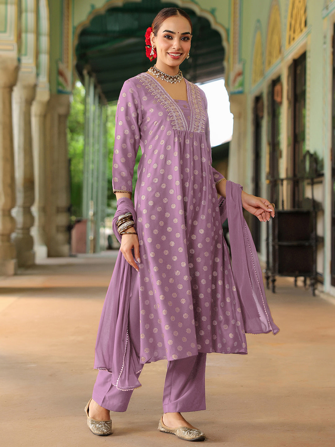 Janasya Women's Lavender Silk Blend Embellished Gold Printed A-line Kurta Set With Dupatta