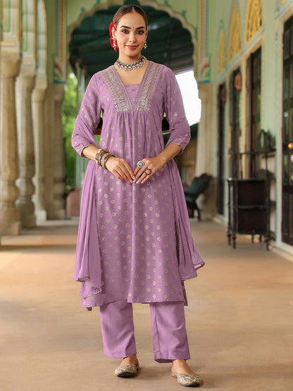 Janasya Women's Lavender Silk Blend Embellished Gold Printed A-line Kurta Set With Dupatta
