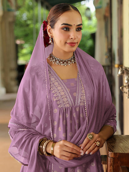 Janasya Women's Lavender Silk Blend Embellished Gold Printed A-line Kurta Set With Dupatta