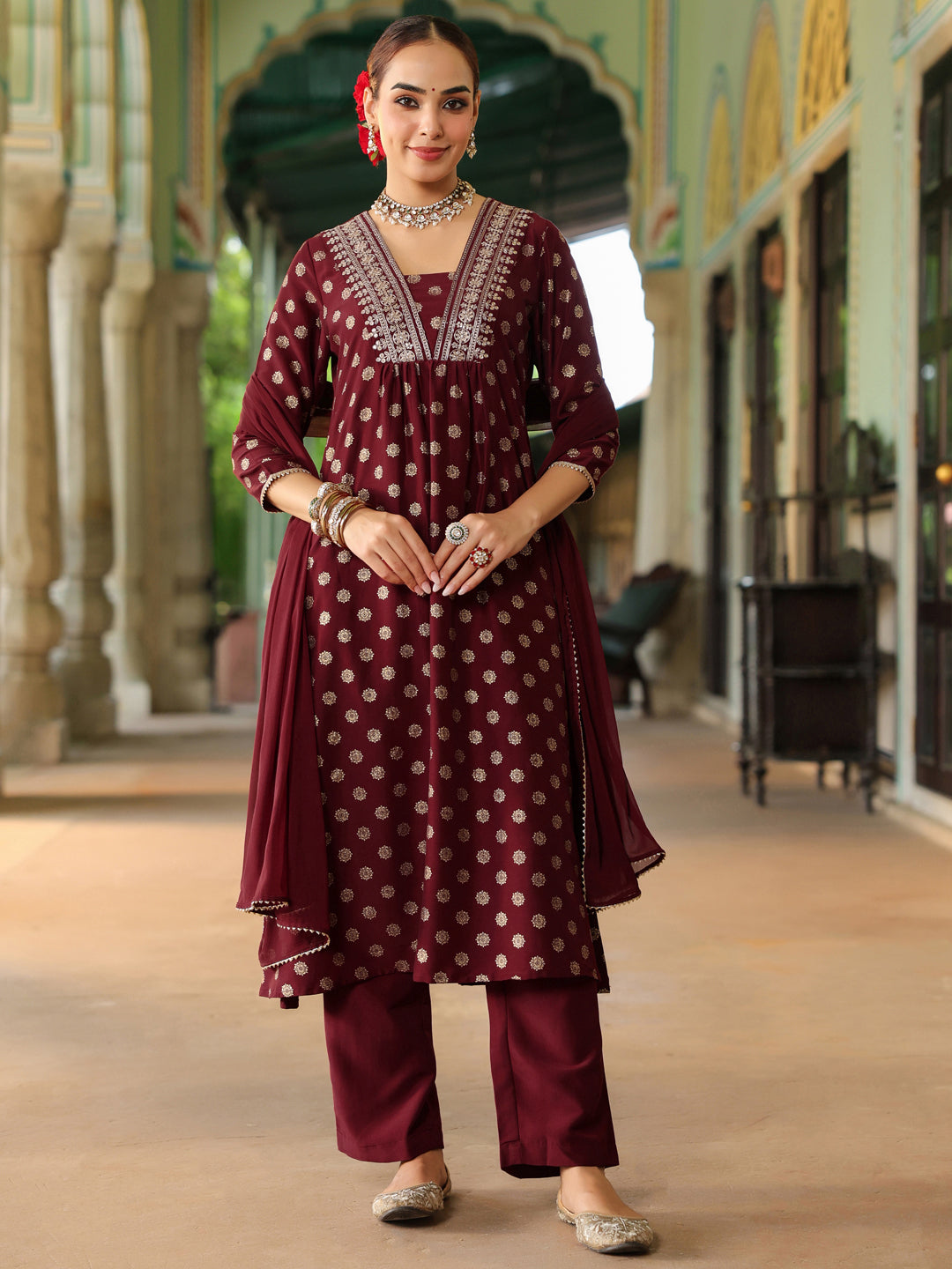 Janasya Women's Maroon Silk Blend Embellished Gold Printed A-line Kurta Set With Dupatta