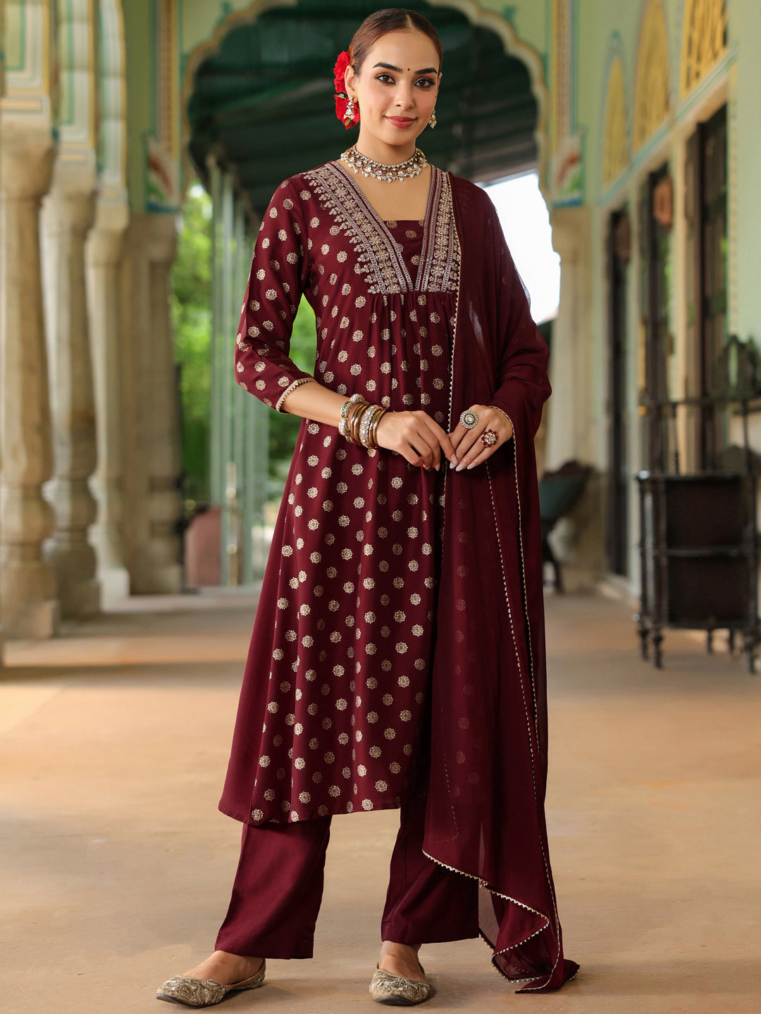 Janasya Women's Maroon Silk Blend Embellished Gold Printed A-line Kurta Set With Dupatta