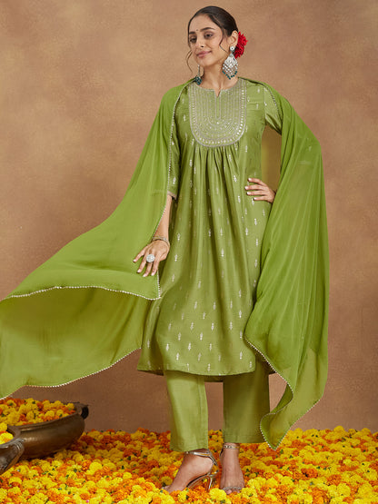 Janasya Women's Lime Green Silk Blend Zari Yoke Embroidered Gold Printed A-line Kurta Set