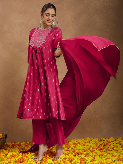 Janasya Women's Pink Silk Blend Zari Yoke Embroidered Gold Printed A-line Kurta Set With Dupatta