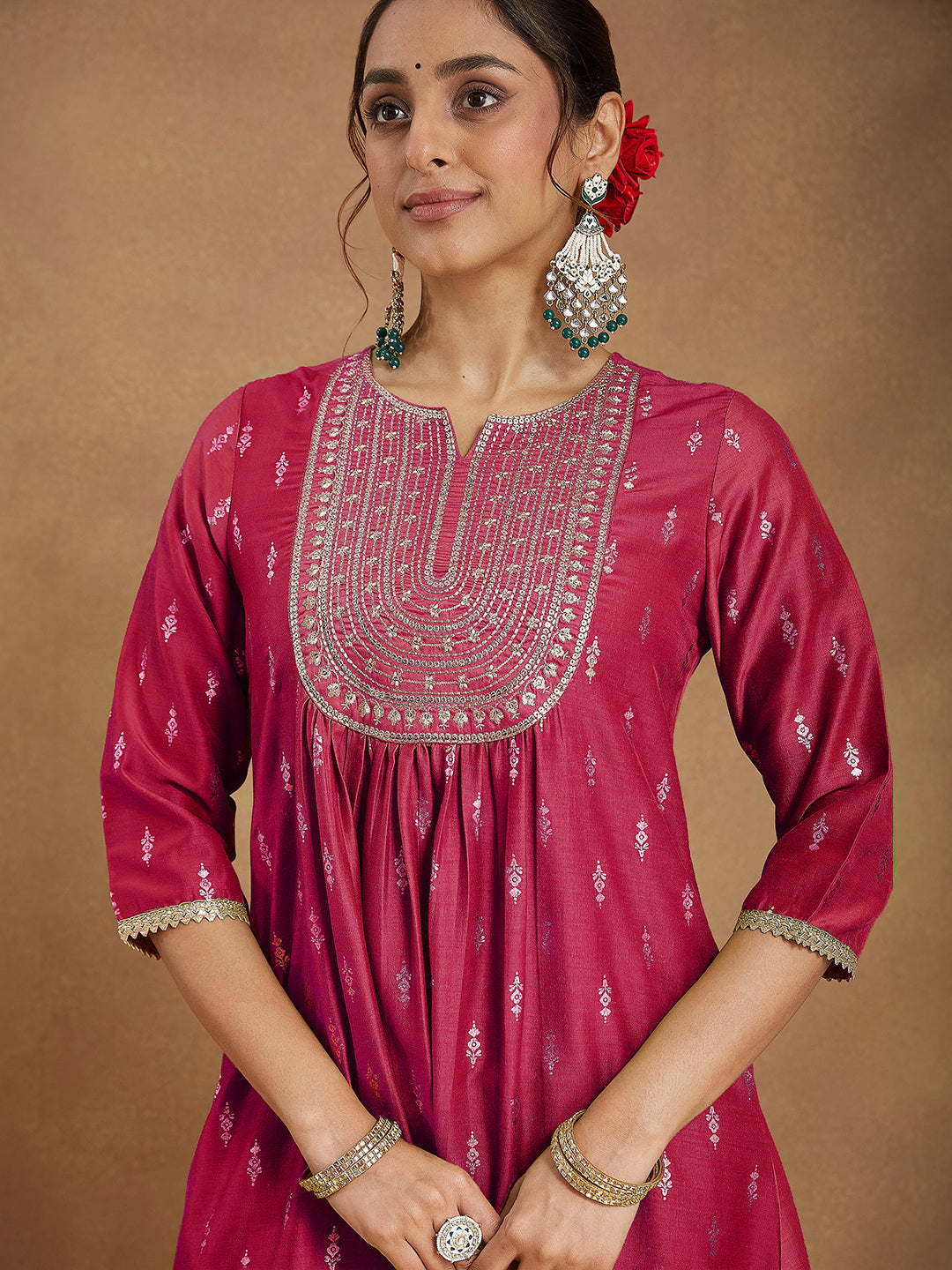 Janasya Women's Pink Silk Blend Zari Yoke Embroidered Gold Printed A-line Kurta Set With Dupatta