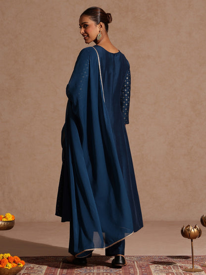 Janasya Women's Teal Blue Silk Blend Zari Embroidered Gold Printed Anarkali Kurta Set