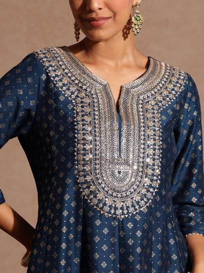 Janasya Women's Teal Blue Silk Blend Zari Embroidered Gold Printed Anarkali Kurta Set