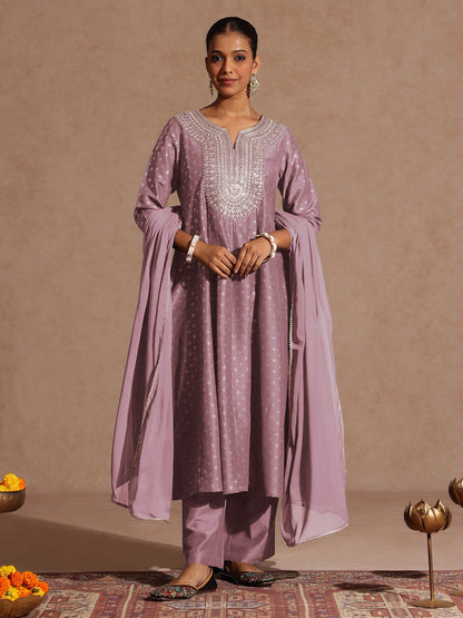 Janasya Women's Lavender Silk Blend Zari Embroidered Gold Printed Anarkali Kurta Set