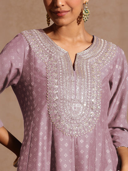 Janasya Women's Lavender Silk Blend Zari Embroidered Gold Printed Anarkali Kurta Set
