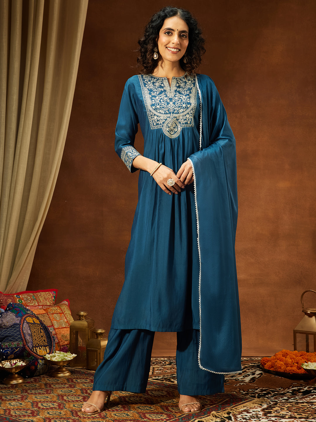 Janasya Women's Teal Blue Chanderi Silk Zari Embroidered A-line Kurta Set