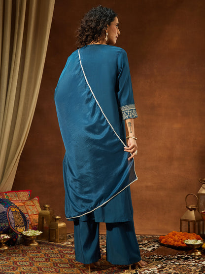 Janasya Women's Teal Blue Chanderi Silk Zari Embroidered A-line Kurta Set