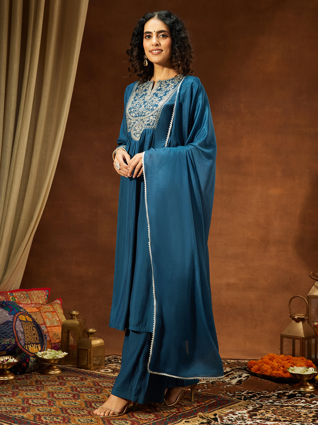 Janasya Women's Teal Blue Chanderi Silk Zari Embroidered A-line Kurta Set