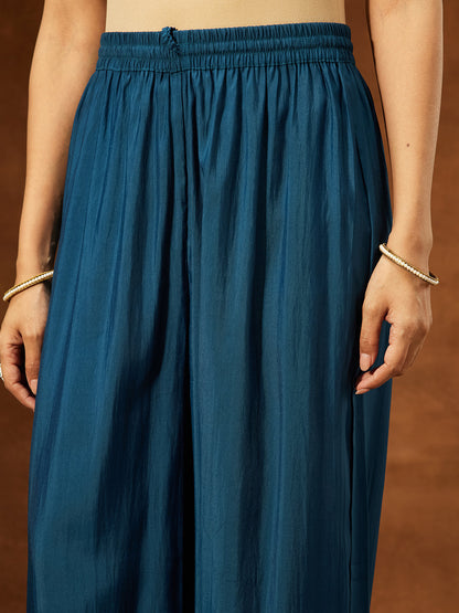 Janasya Women's Teal Blue Chanderi Silk Zari Embroidered A-line Kurta Set