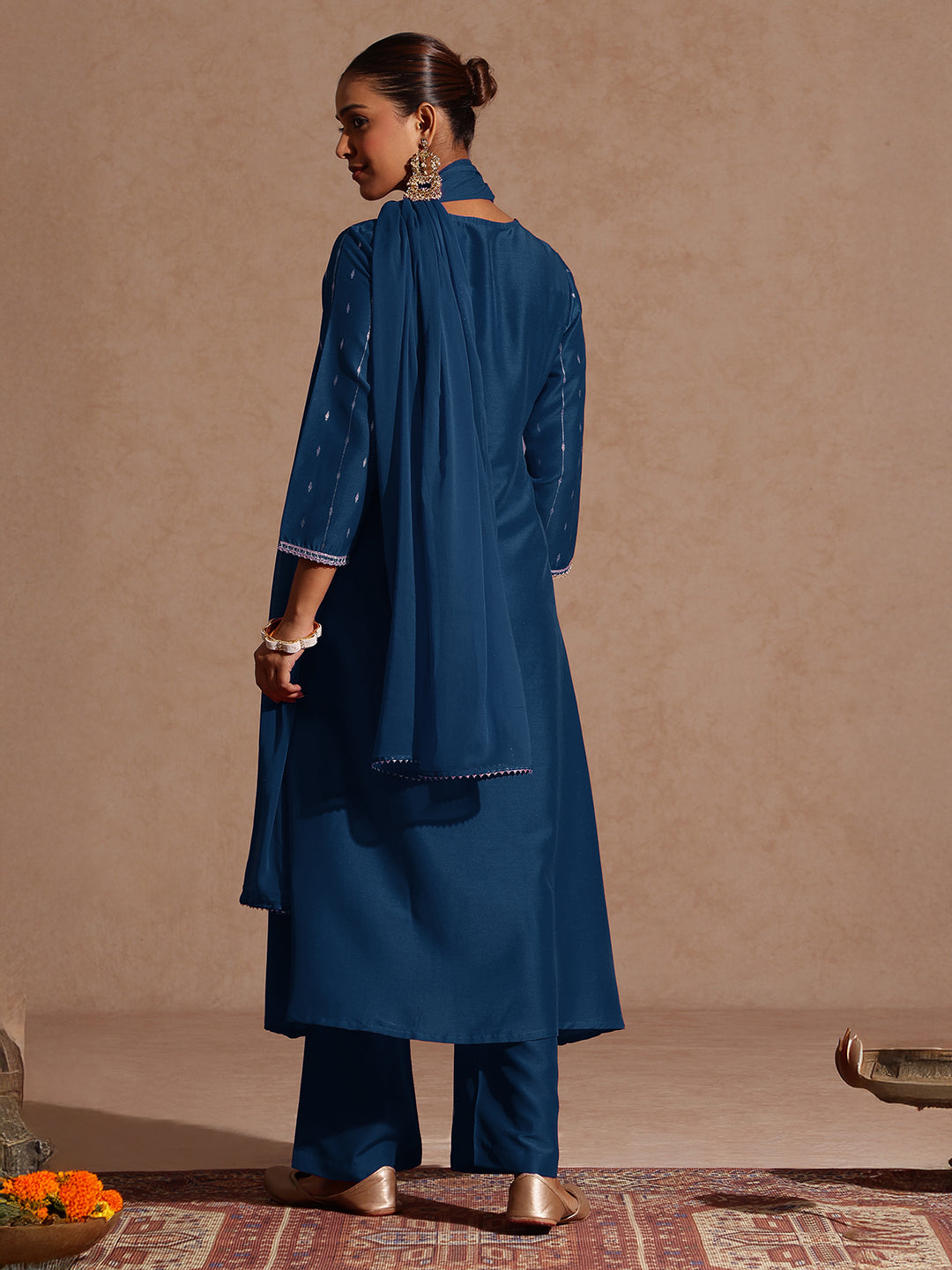 Janasya Women's Teal Blue Silk Blend Zari Yoke Embroidered A-line Kurta Set With Dupatta