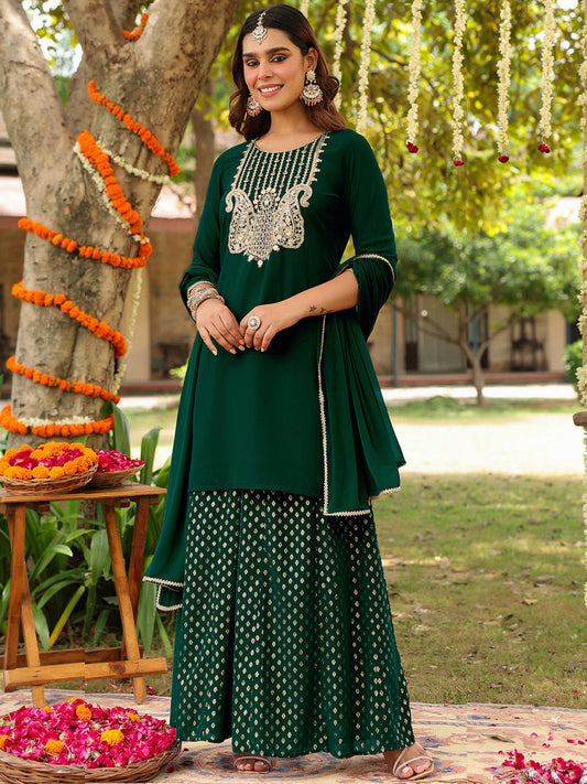 Janasya Women's Dark Green Georgette Embroidered Straight Kurta With Sharara & Dupatta Set