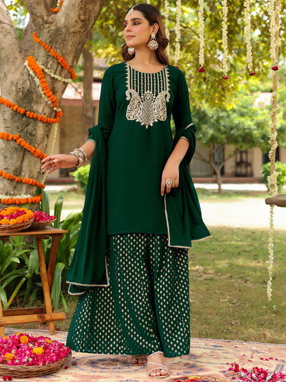 Janasya Women's Dark Green Georgette Embroidered Straight Kurta With Sharara & Dupatta Set