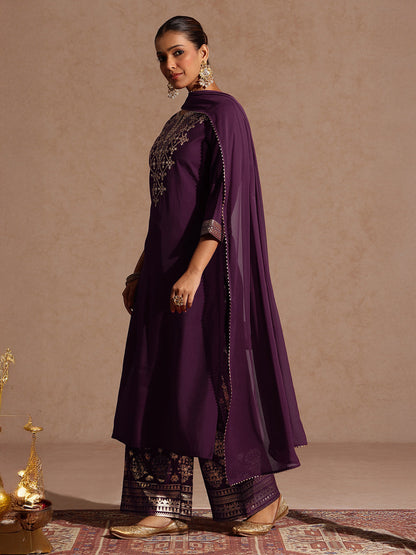 Janasya Women's Wine Chanderi Silk Embellished Straight Kurta With Palazzo & Dupatta Set