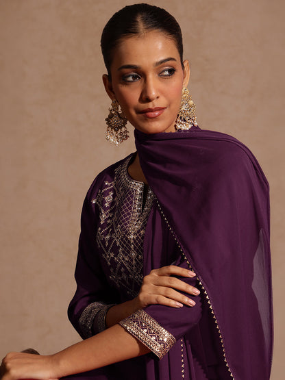 Janasya Women's Wine Chanderi Silk Embellished Straight Kurta With Palazzo & Dupatta Set