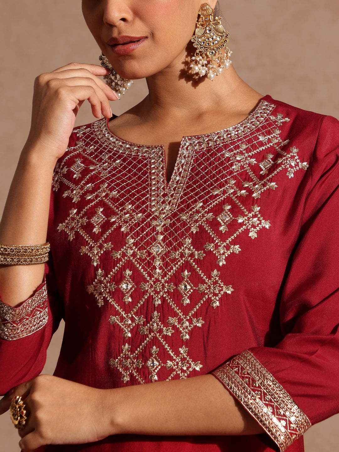 Janasya Women's Maroon Chanderi Silk Zari Embroidered Gold Printed Straight Kurta Set