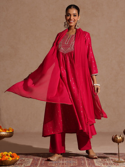 Janasya Women's Pink Silk Blend Zari Yoke Embroidered A-line Kurta Set With Dupatta