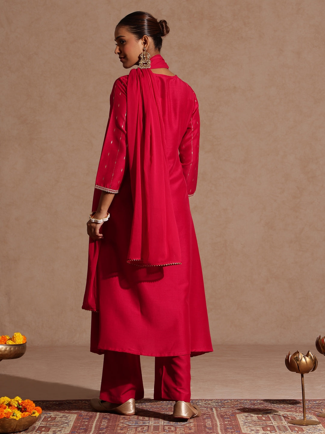 Janasya Women's Pink Silk Blend Zari Yoke Embroidered A-line Kurta Set With Dupatta