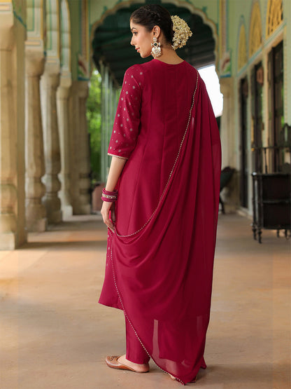 Janasya Women's Pink Silk Blend Zari Yoke Embroidered Gold Printed Anarkali Kurta Set