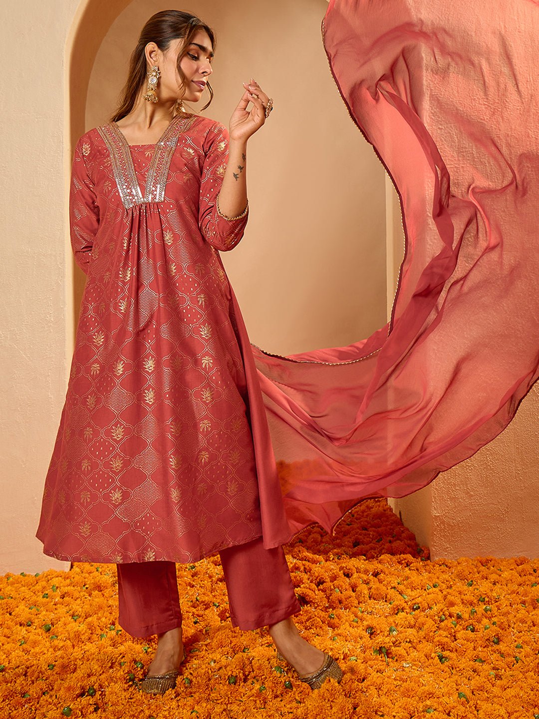 Janasya Women's Rust Silk Blend Embellished Gold Printed A-Line Kurta Set