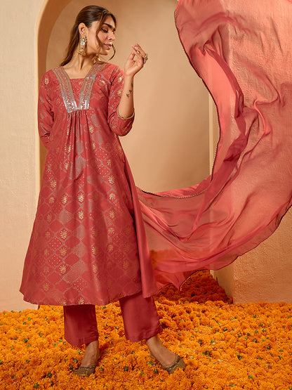 Janasya Women's Rust Silk Blend Embellished Gold Printed A-Line Kurta Set