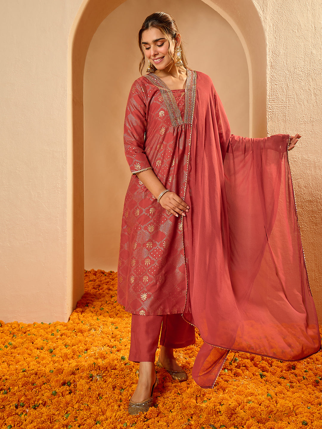 Janasya Women's Rust Silk Blend Embellished Gold Printed A-Line Kurta Set