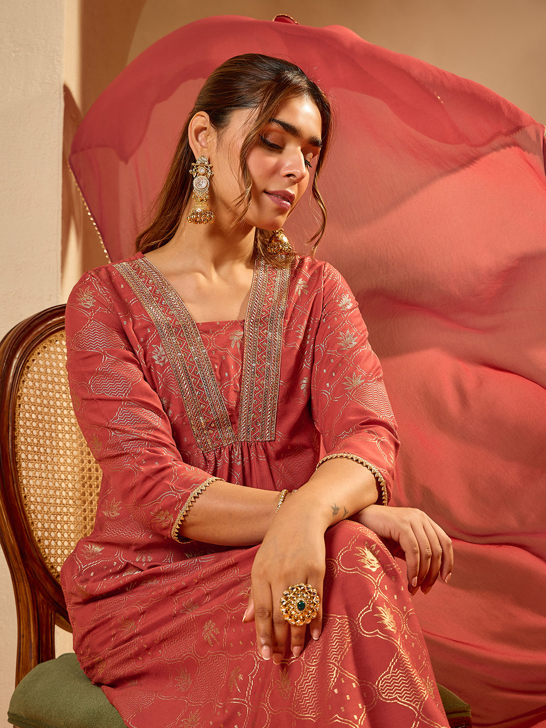 Janasya Women's Rust Silk Blend Embellished Gold Printed A-Line Kurta Set