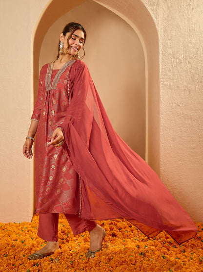 Janasya Women's Rust Silk Blend Embellished Gold Printed A-Line Kurta Set