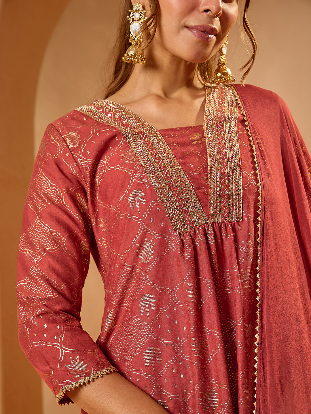 Janasya Women's Rust Silk Blend Embellished Gold Printed A-Line Kurta Set