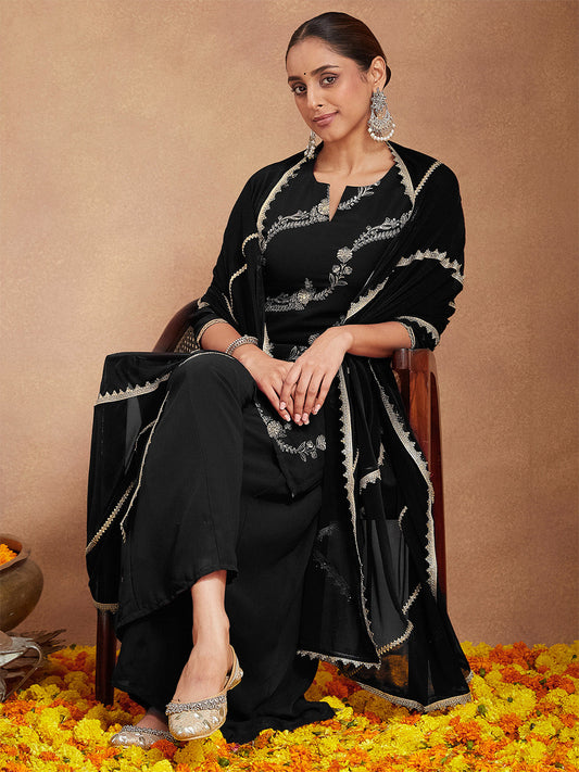 Janasya Women's Black Georgette Zari Embroidered Straight Kurta With Palazzo & Dupatta Set