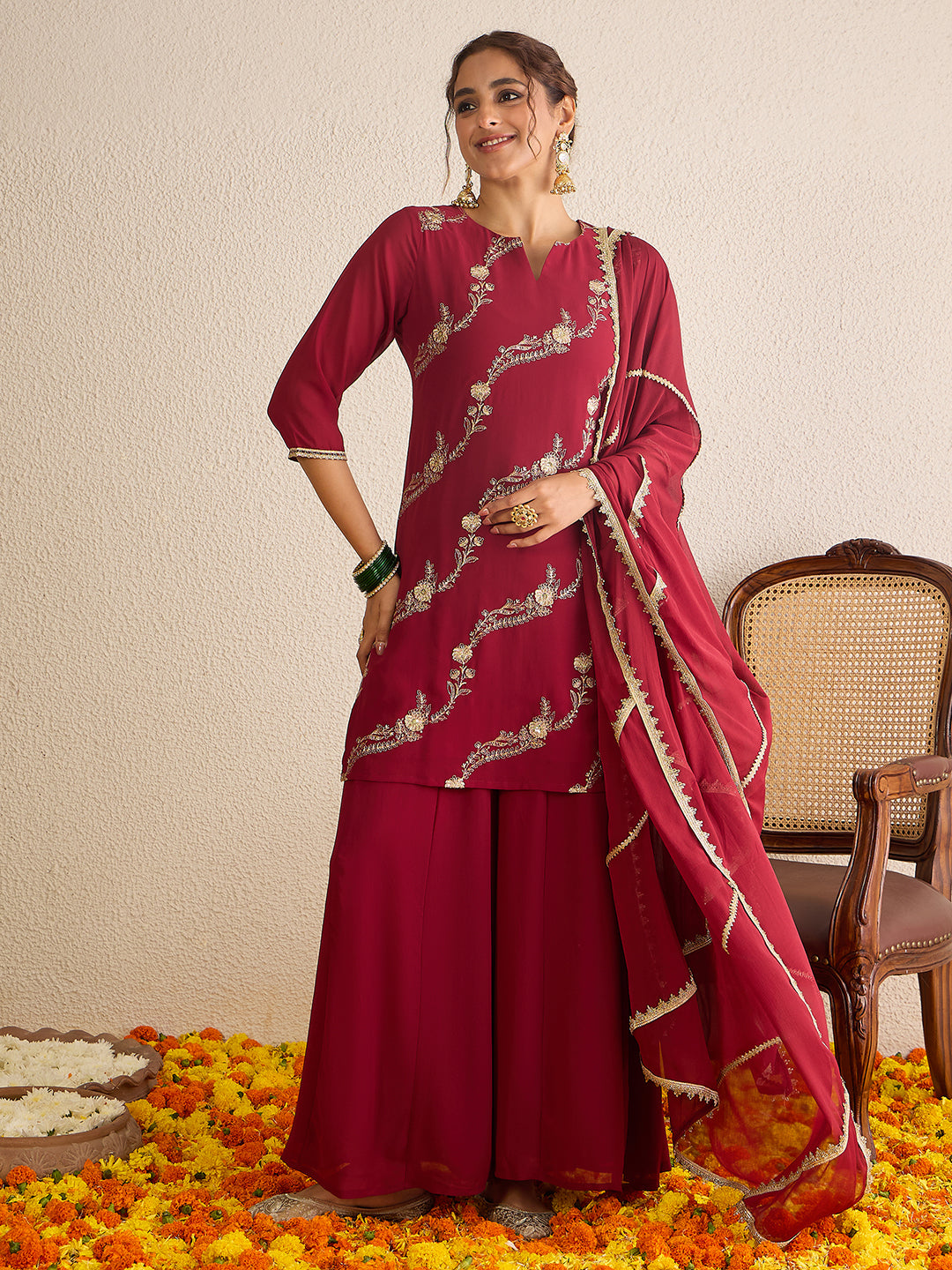 Janasya Women's Maroon Georgette Floral Zari Embroidered Kurta with Sharara and Dupatta Set