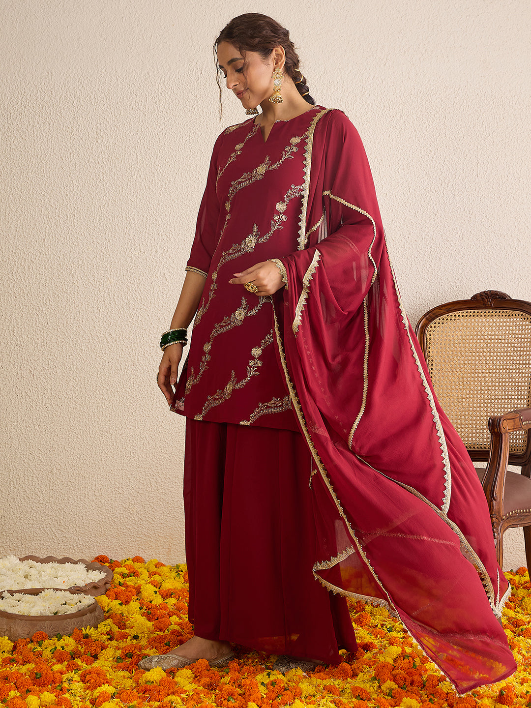 Janasya Women's Maroon Georgette Floral Zari Embroidered Kurta with Sharara and Dupatta Set