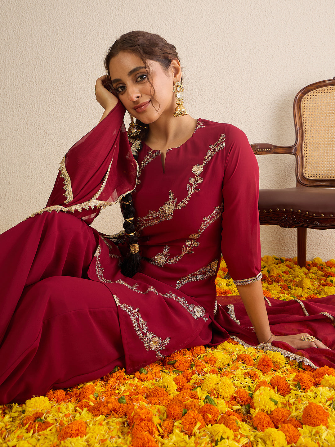 Janasya Women's Maroon Georgette Floral Zari Embroidered Kurta with Sharara and Dupatta Set