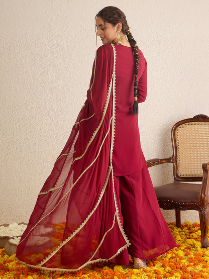 Janasya Women's Maroon Georgette Floral Zari Embroidered Kurta with Sharara and Dupatta Set