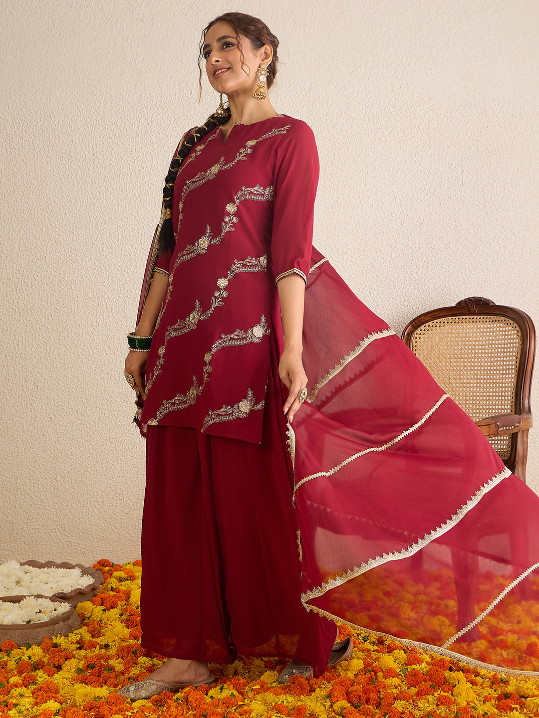 Janasya Women's Maroon Georgette Floral Zari Embroidered Kurta with Sharara and Dupatta Set