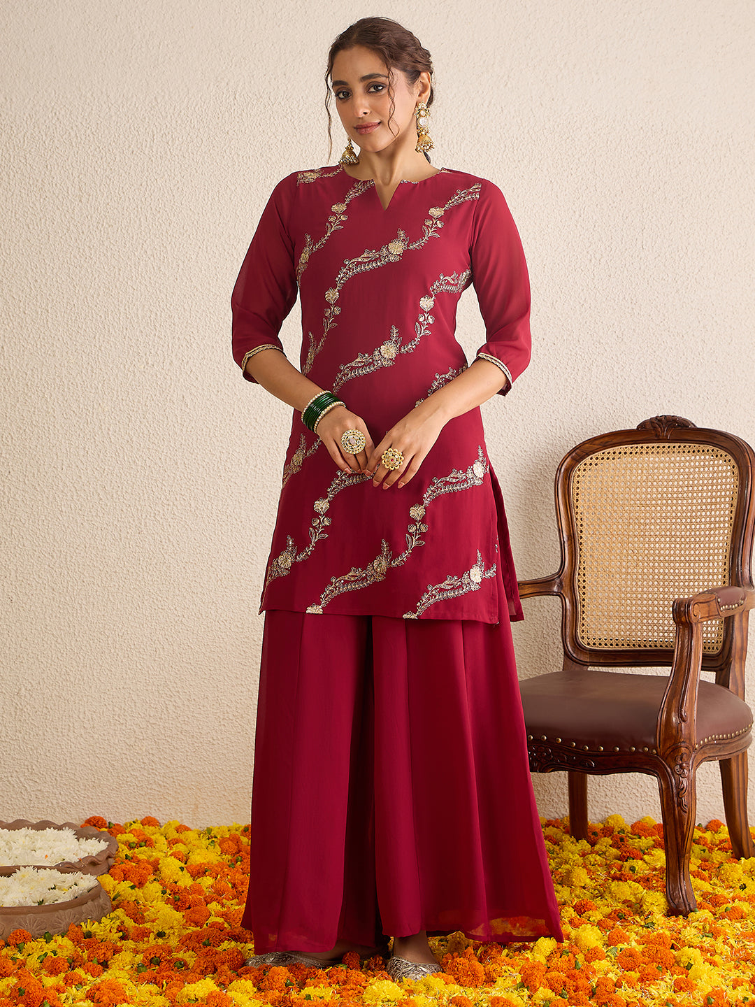 Janasya Women's Maroon Georgette Floral Zari Embroidered Kurta with Sharara and Dupatta Set