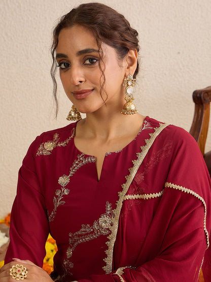Janasya Women's Maroon Georgette Floral Zari Embroidered Kurta with Sharara and Dupatta Set