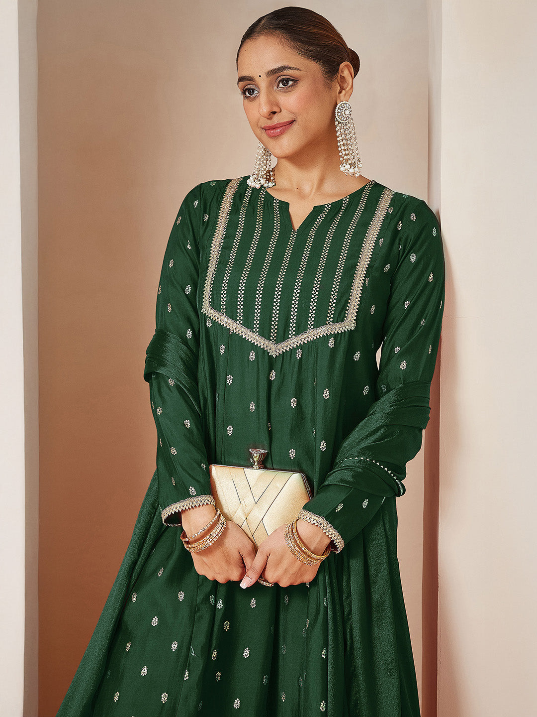 Janasya Women's Dark Green Chanderi Silk Embellished Gold Printed Anarkali Kurta Set