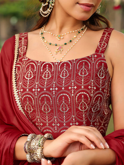 Janasya Women's Maroon Chanderi Silk Zari Embroiderd A-line Kurta Set