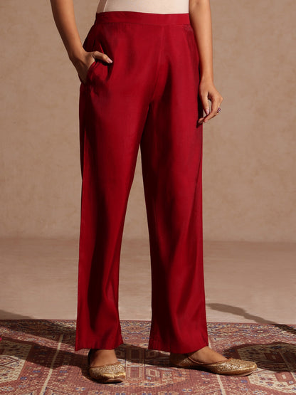 Janasya Women's Maroon Chanderi Silk Zari Yoke Embroiderde Gold Printed Kurta Set