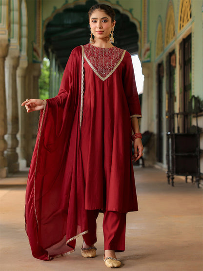 Janasya Women's Maroon Chanderi Silk Embroidered Anarkali Kurta Set