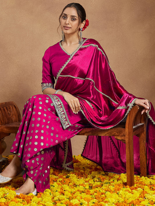 Janasya Women's Pink Silk Blend Embellished Straight Kurta With Sharara & Dupatta Set