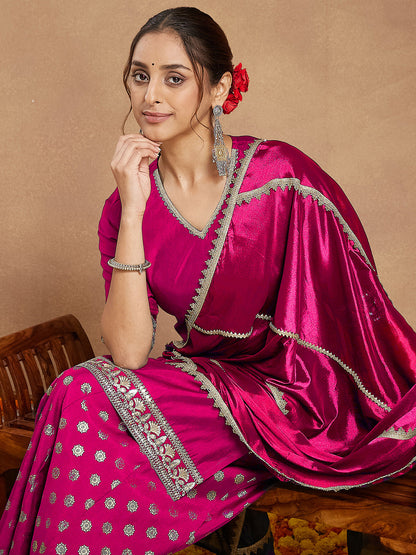 Janasya Women's Pink Silk Blend Embellished Straight Kurta With Sharara & Dupatta Set