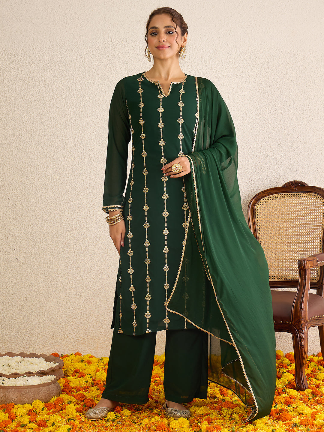 Janasya Women's Dark Green Georgette Floral Zari Embroidered Straight Kurta with Palazzo and Dupatta Set