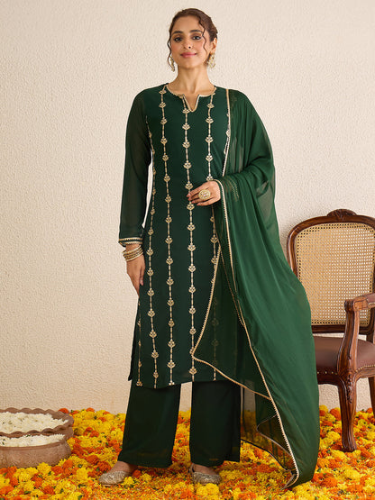 Janasya Women's Dark Green Georgette Floral Zari Embroidered Straight Kurta with Palazzo and Dupatta Set